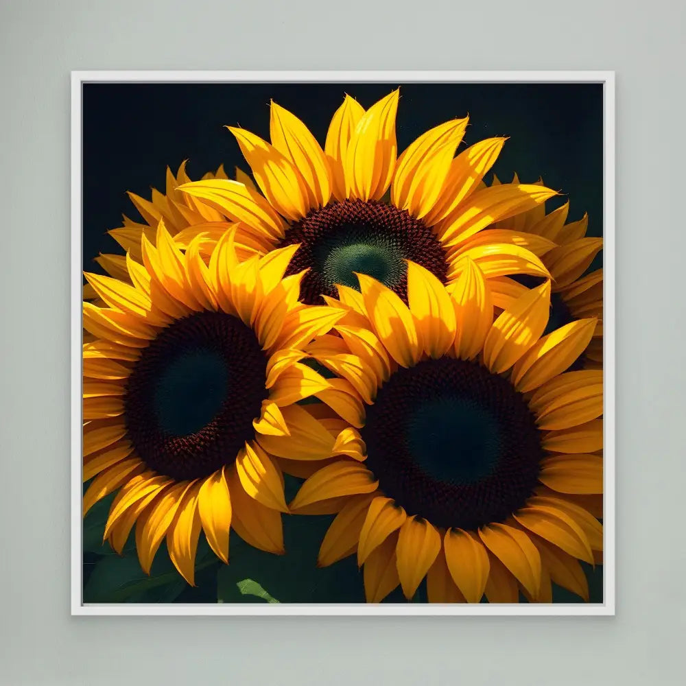 Three vibrant yellow sunflowers with dark brown centers.