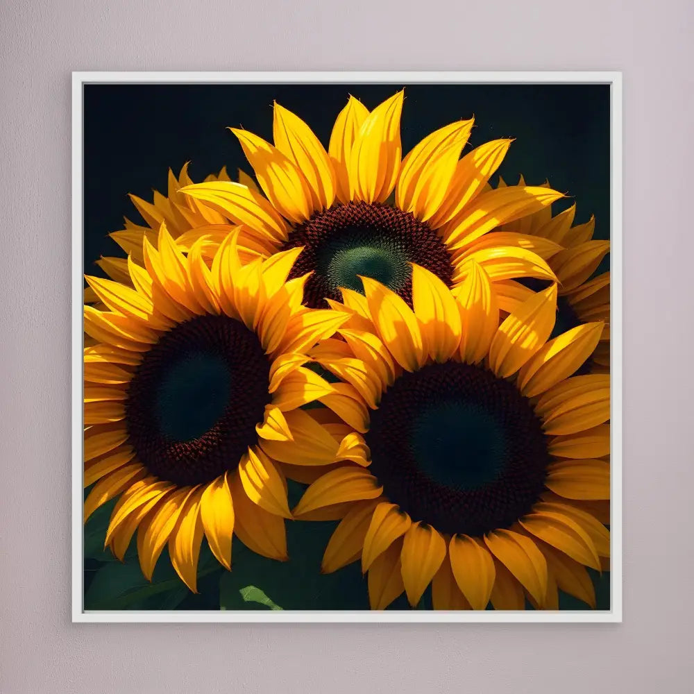 Three vibrant yellow sunflowers with dark brown centers.