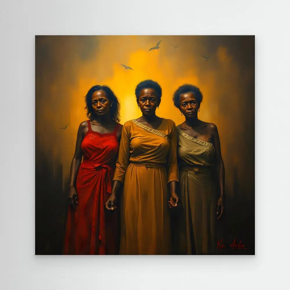 Three women standing together wearing elegant floor-length dresses in red, gold, and gray tones.