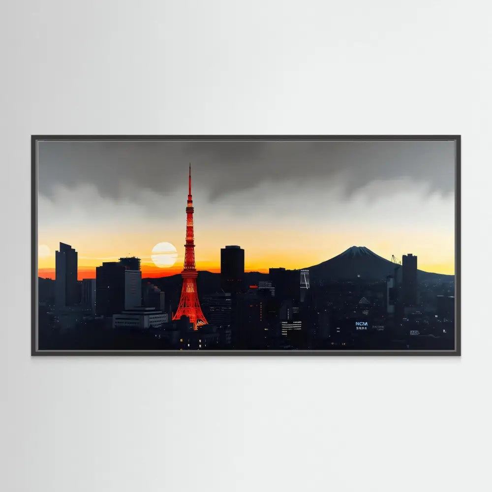 Tokyo Tower illuminated in orange against a sunset skyline.