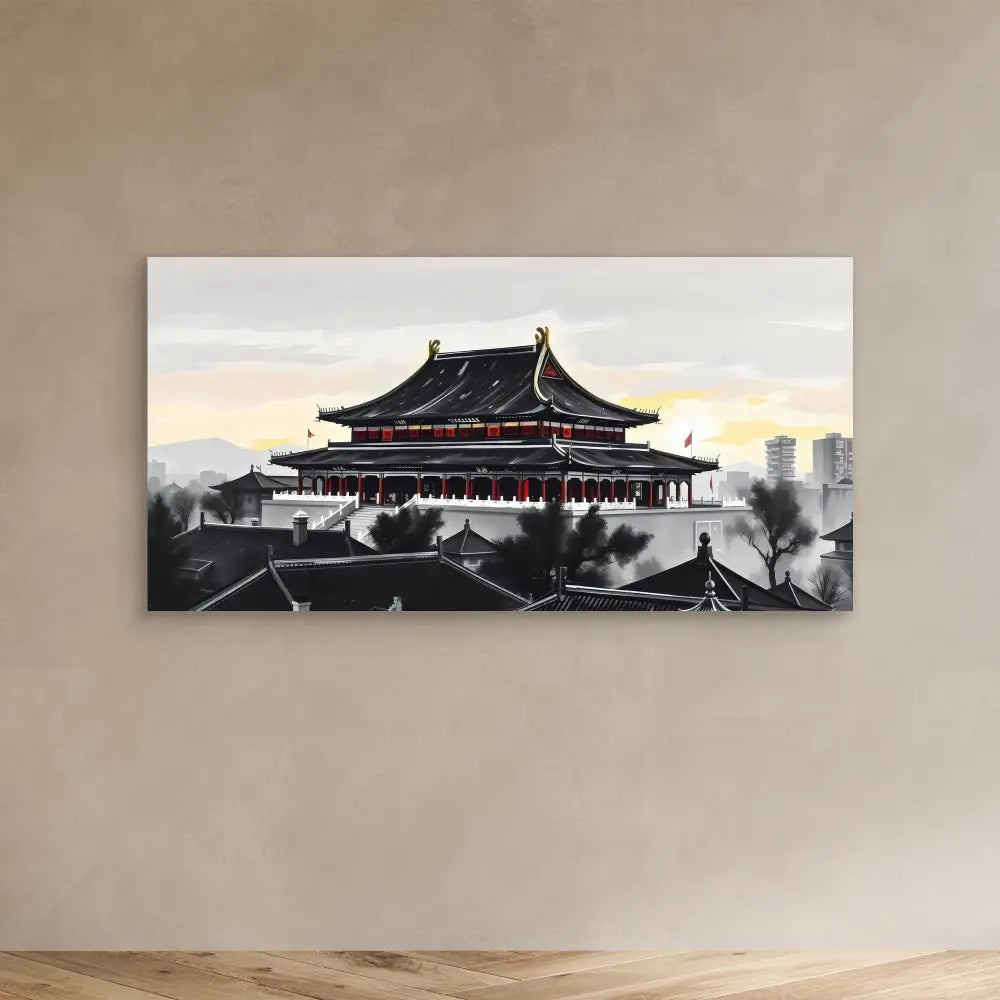 Traditional Chinese temple with curved black roofs and red accents painted in watercolor style.