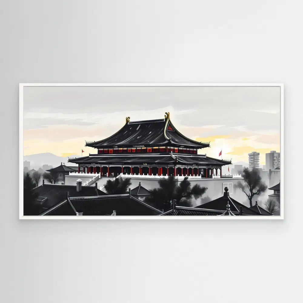 Traditional Chinese temple with dark curved roofs and red accents against a misty sky.