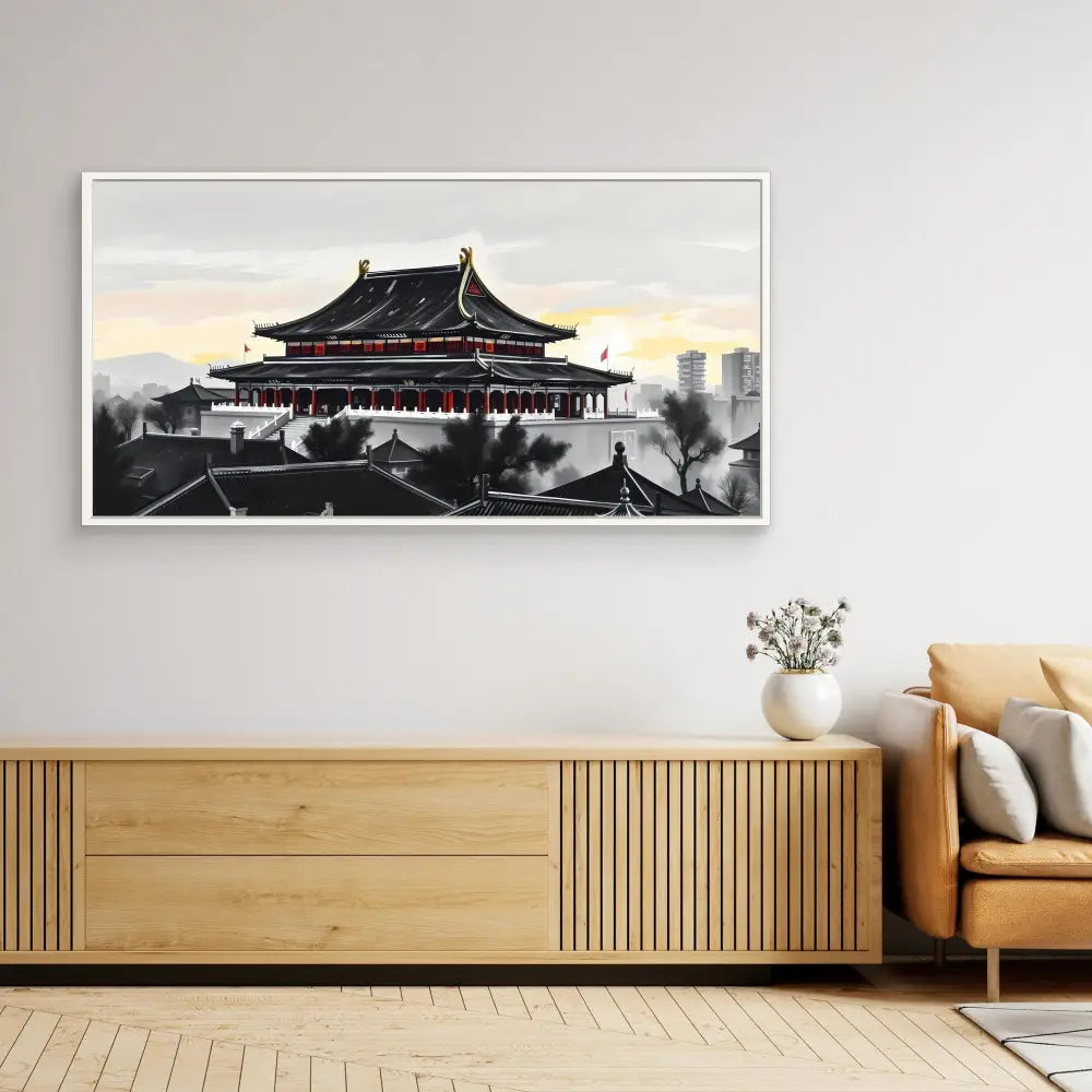 Traditional Chinese temple with dark roof and ornate architectural details against a misty sky.