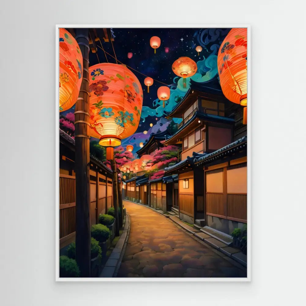 Traditional Japanese street illuminated by glowing orange paper lanterns at night.