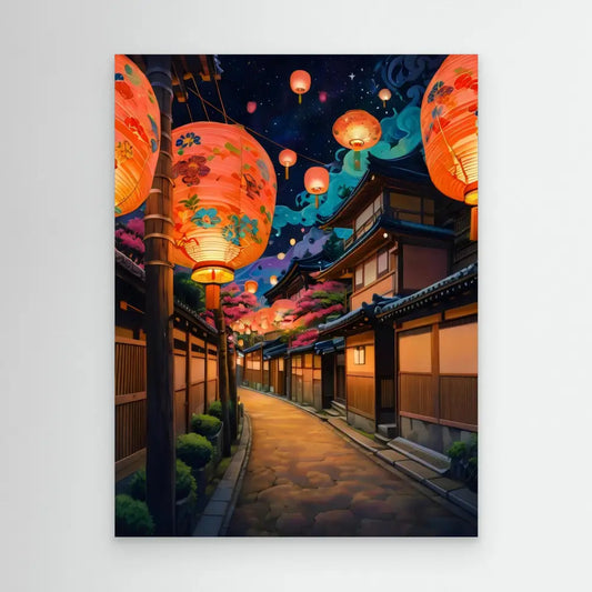 Traditional Japanese street illuminated by glowing orange paper lanterns at night.