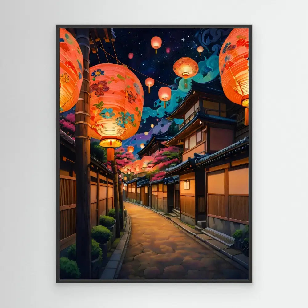 Traditional Japanese street illuminated by glowing orange paper lanterns at night.