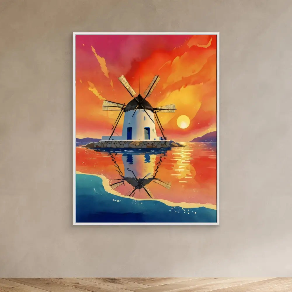 Traditional white windmill with rotating blades reflected in calm water.