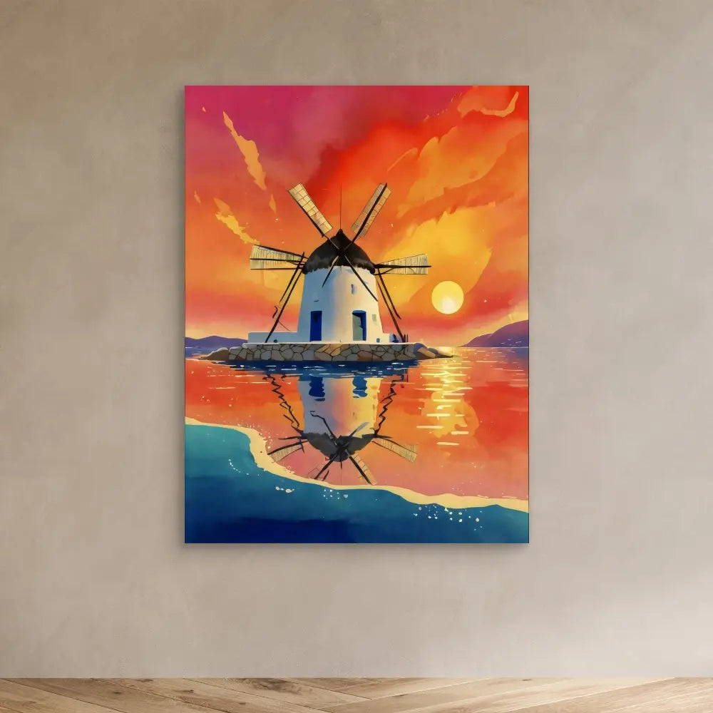 Traditional windmill with white walls and rotating blades reflected in calm water.