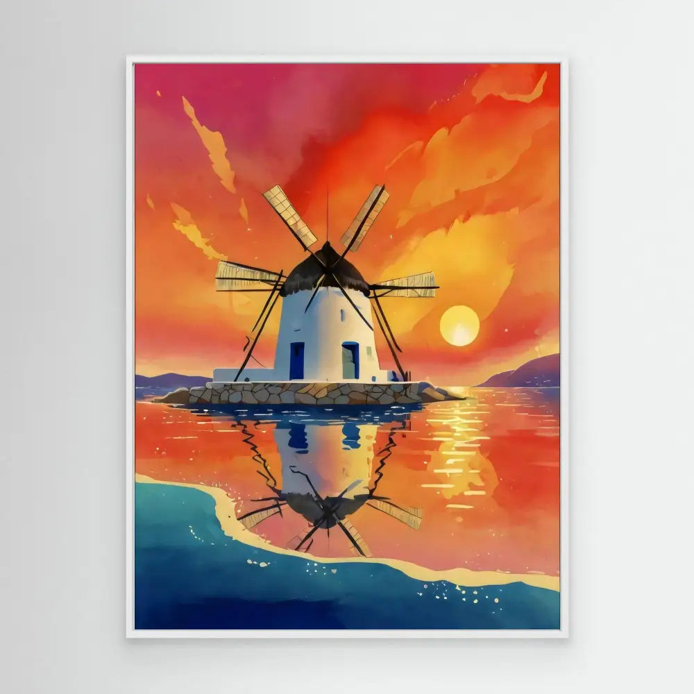 Traditional windmill with white walls and rotating blades reflected in calm water.