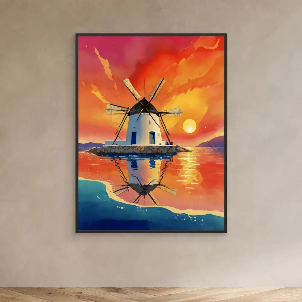 Traditional windmill with white walls and rotating blades reflected in calm water.