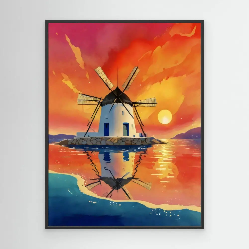 Traditional windmill with white walls and a blue door reflected in calm water.