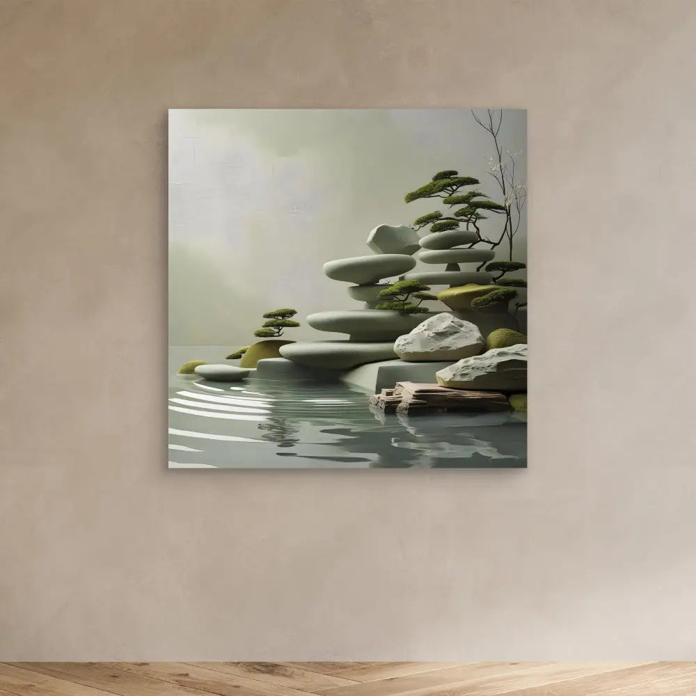 A tranquil landscape painting of rocks and bonsai trees along a misty waterfront.