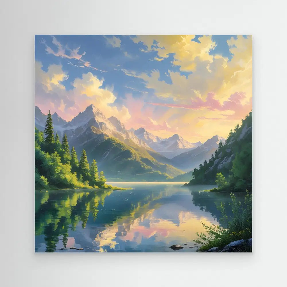 A tranquil mountain lake reflecting a colorful sunset sky.