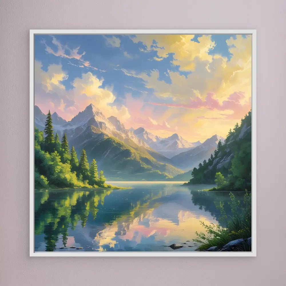 A tranquil mountain lake reflecting colorful sunset clouds and evergreen trees.