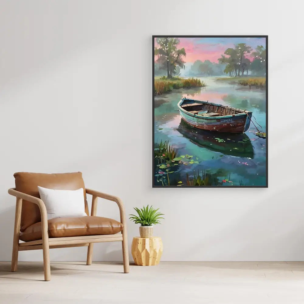 Tranquil painting of a wooden boat floating on misty waters at sunset.