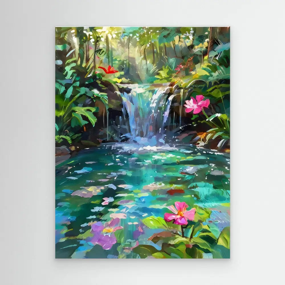 A tranquil waterfall cascades into a pond adorned with lotus flowers and tropical foliage.