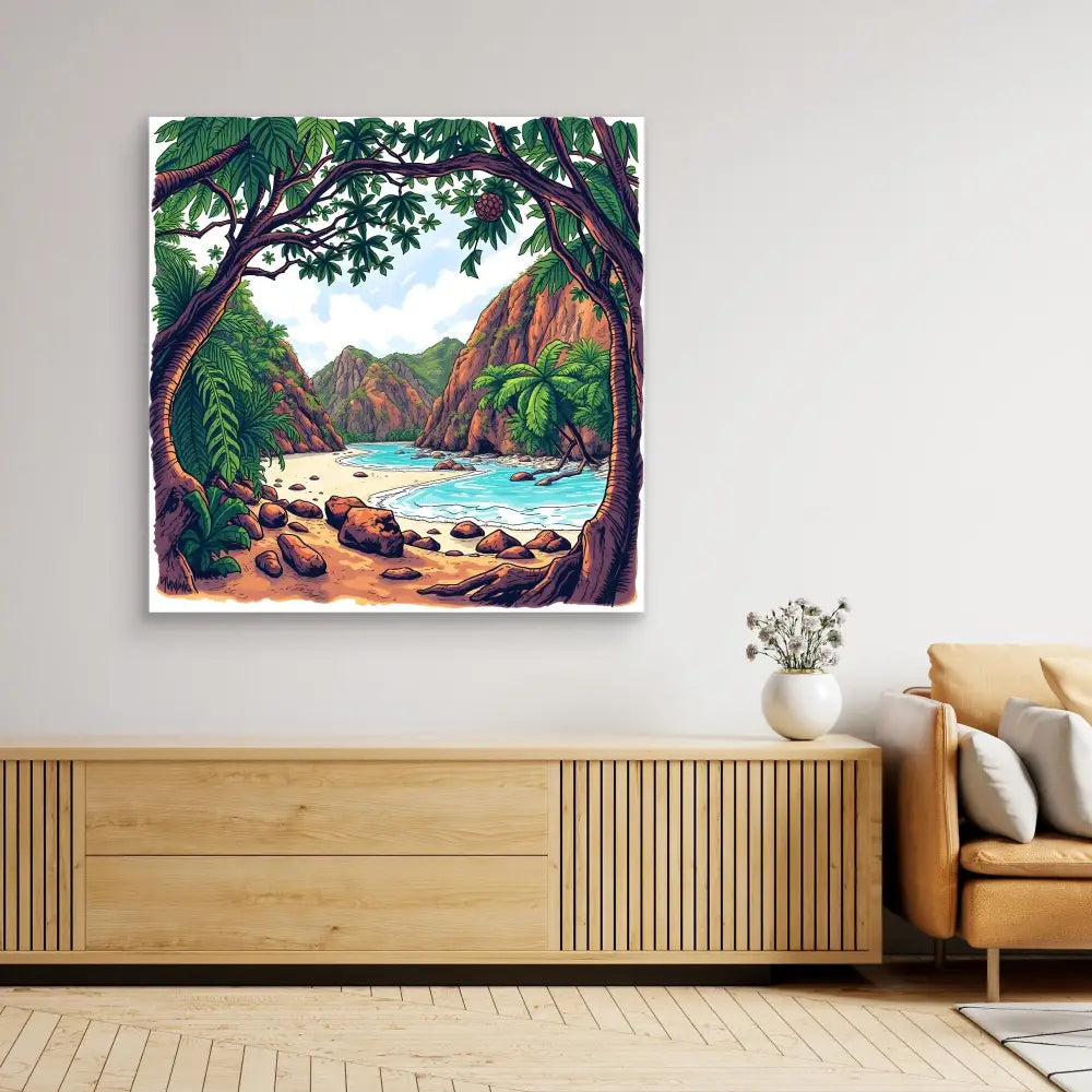 Tropical beach landscape painting featuring a rocky cove framed by palm trees and mountains.