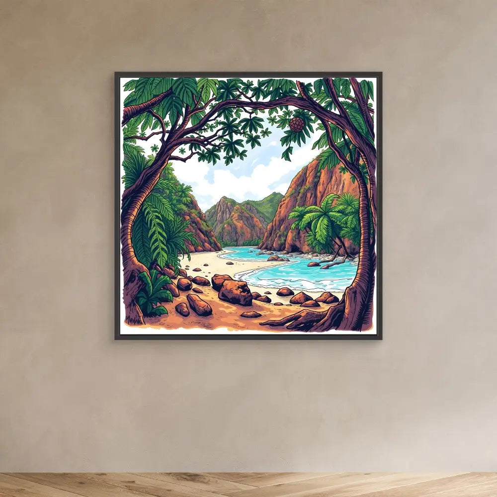 Tropical beach landscape painting with rocky cliffs and palm trees framing a coastal cove.