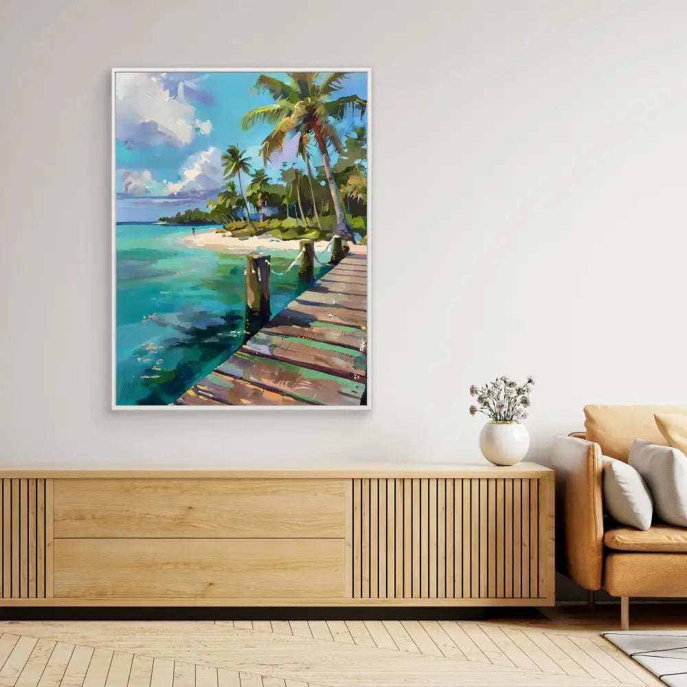 Tropical beach painting with palm trees and a wooden boardwalk along turquoise waters.