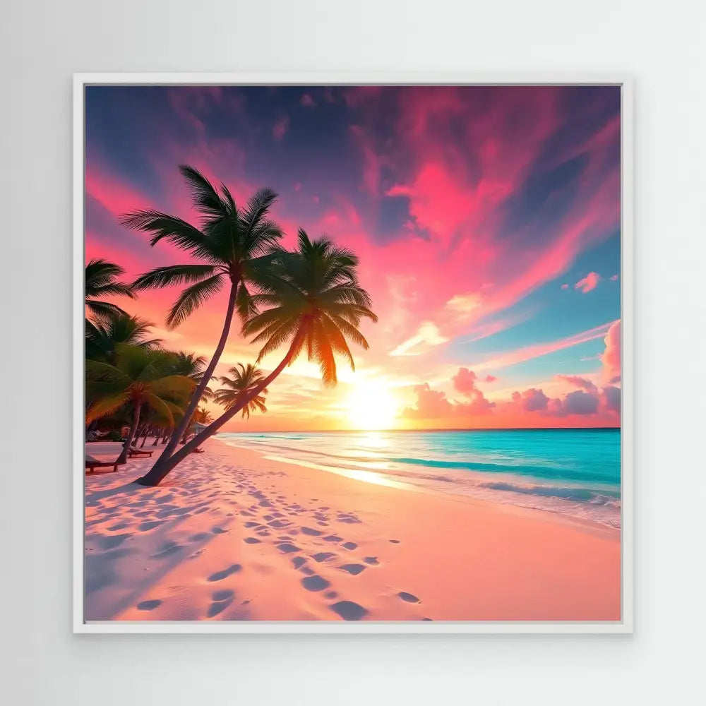 Tropical beach scene with palm trees at sunset and footprints in pink sand.