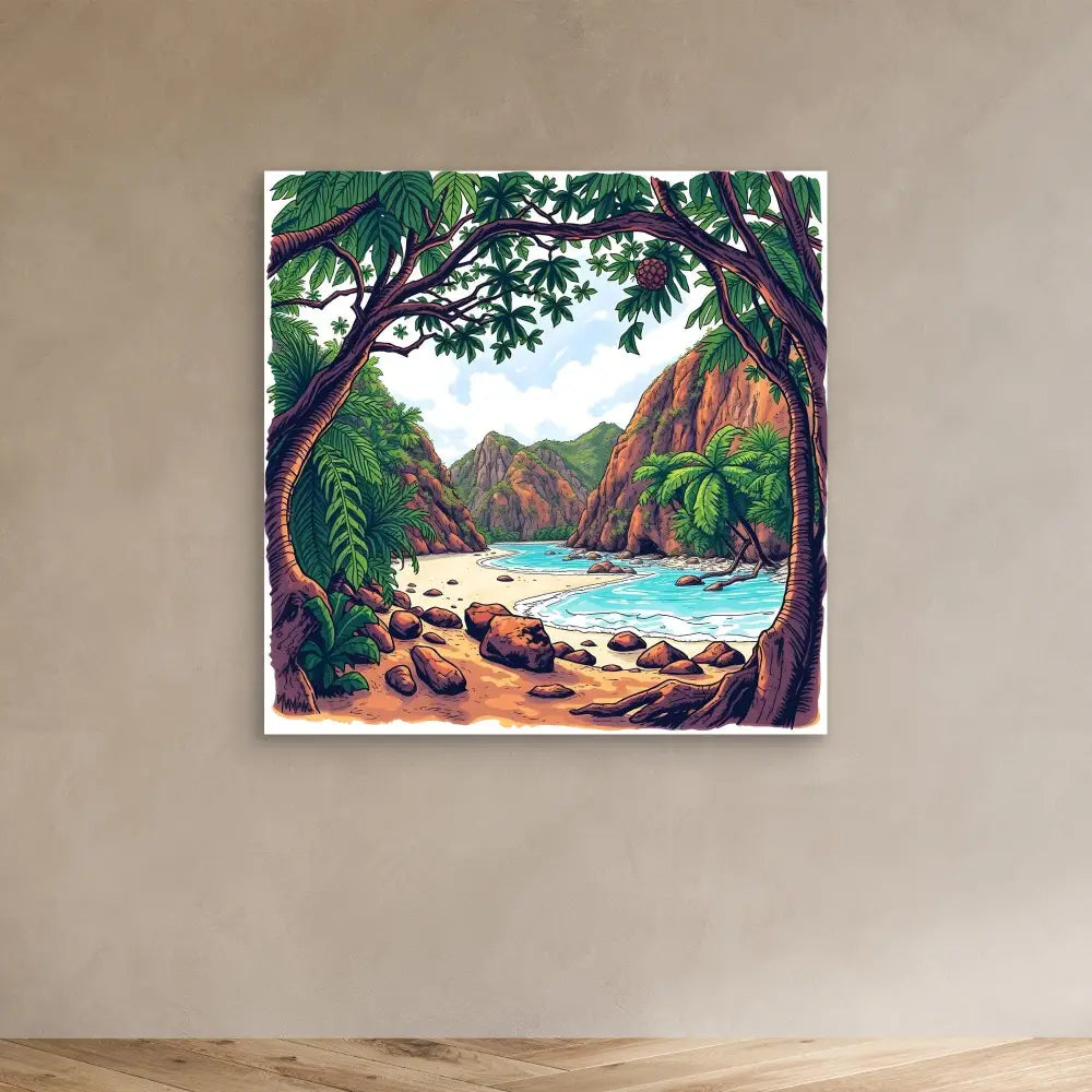 Tropical beach scene with rocky cliffs, palm trees and turquoise water framed by lush foliage.