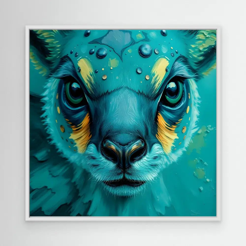 Turquoise-colored deer face with yellow accents and water droplets.