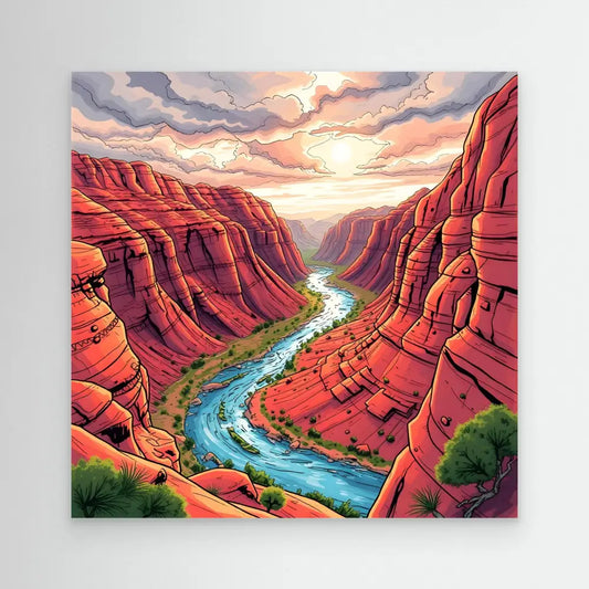 A winding turquoise river flows through red canyon walls beneath a sunset sky.