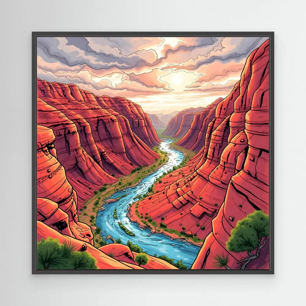 Winding turquoise river flowing through red rock canyon under a dramatic sunset sky.