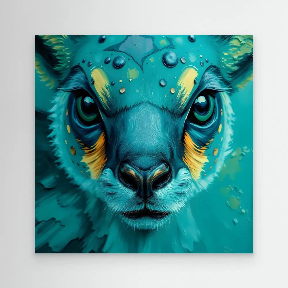 Turquoise and yellow deer face with glowing eyes and water droplets on its fur.