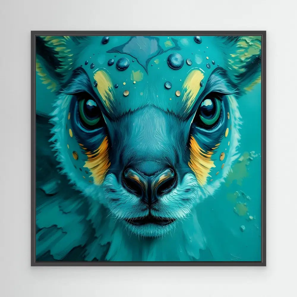 Turquoise and yellow kangaroo face with water droplets and intense eyes.