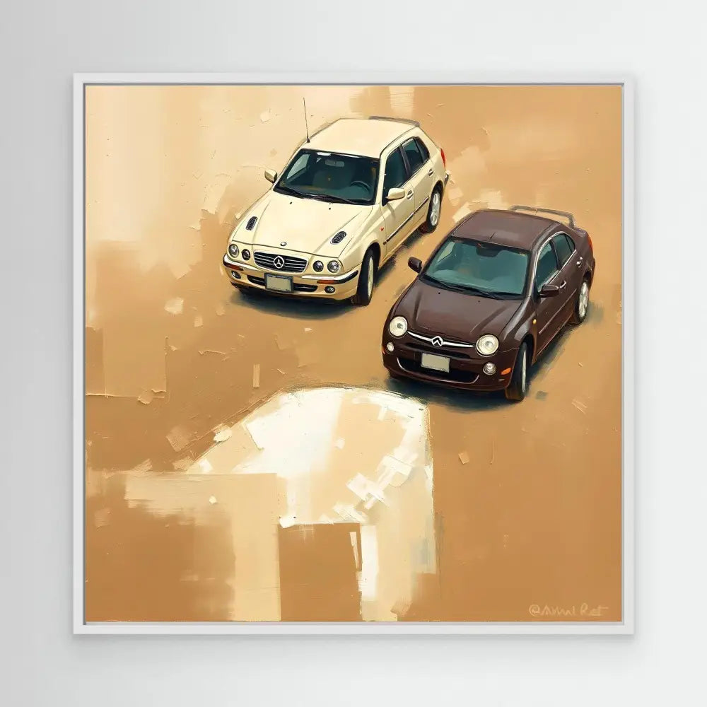 Two cars, one white and one dark brown, rendered in an artistic painting style.