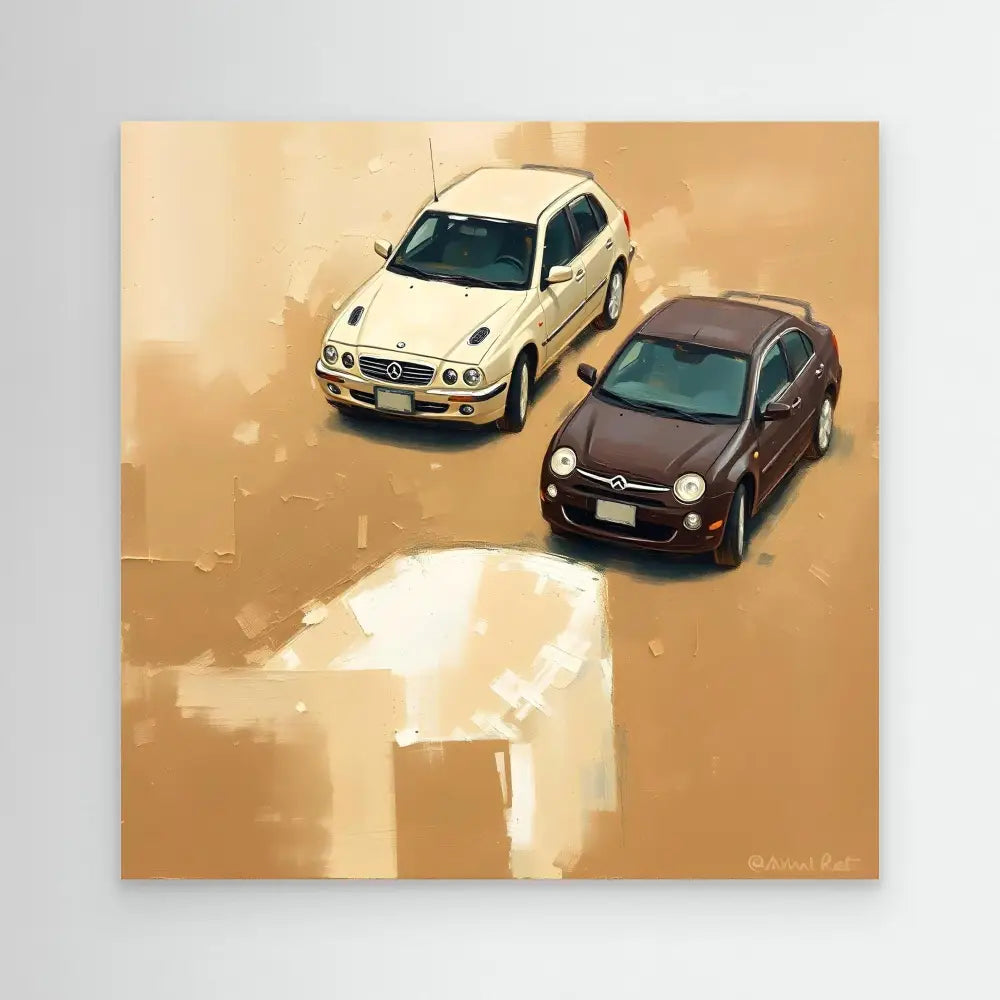 Two cars, one white and one dark brown, rendered in an artistic style.