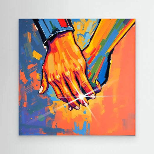 Two clasped hands painted in vibrant orange and yellow tones.