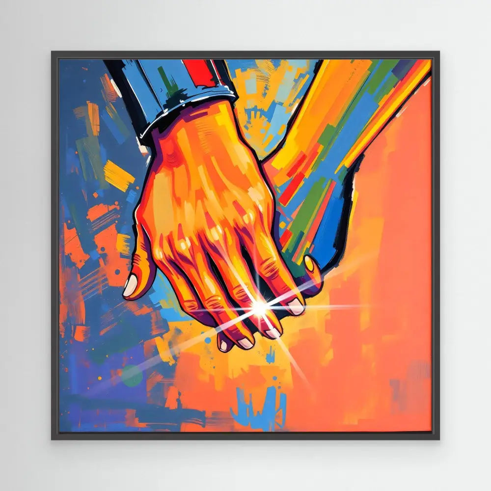 Two clasped hands rendered in vibrant orange against colorful brushstrokes.