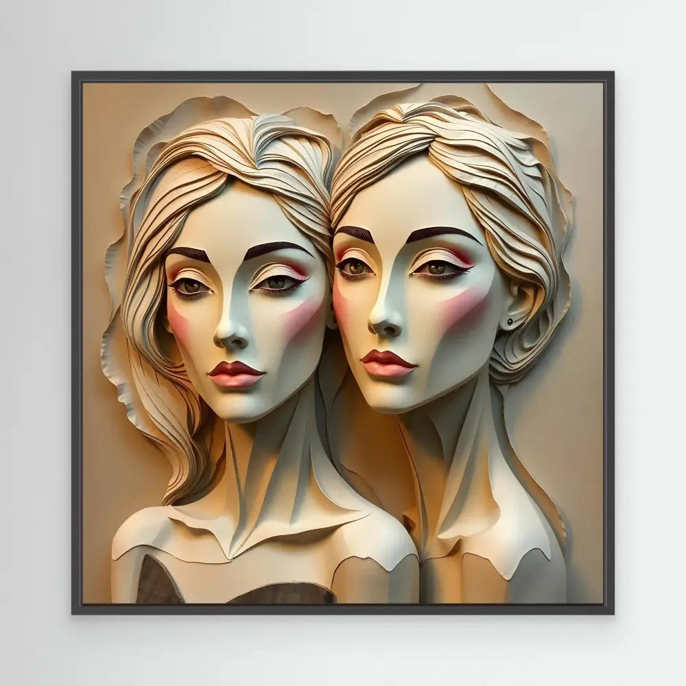 Two classical-style sculptural busts with flowing hair and dramatic features positioned side by side.