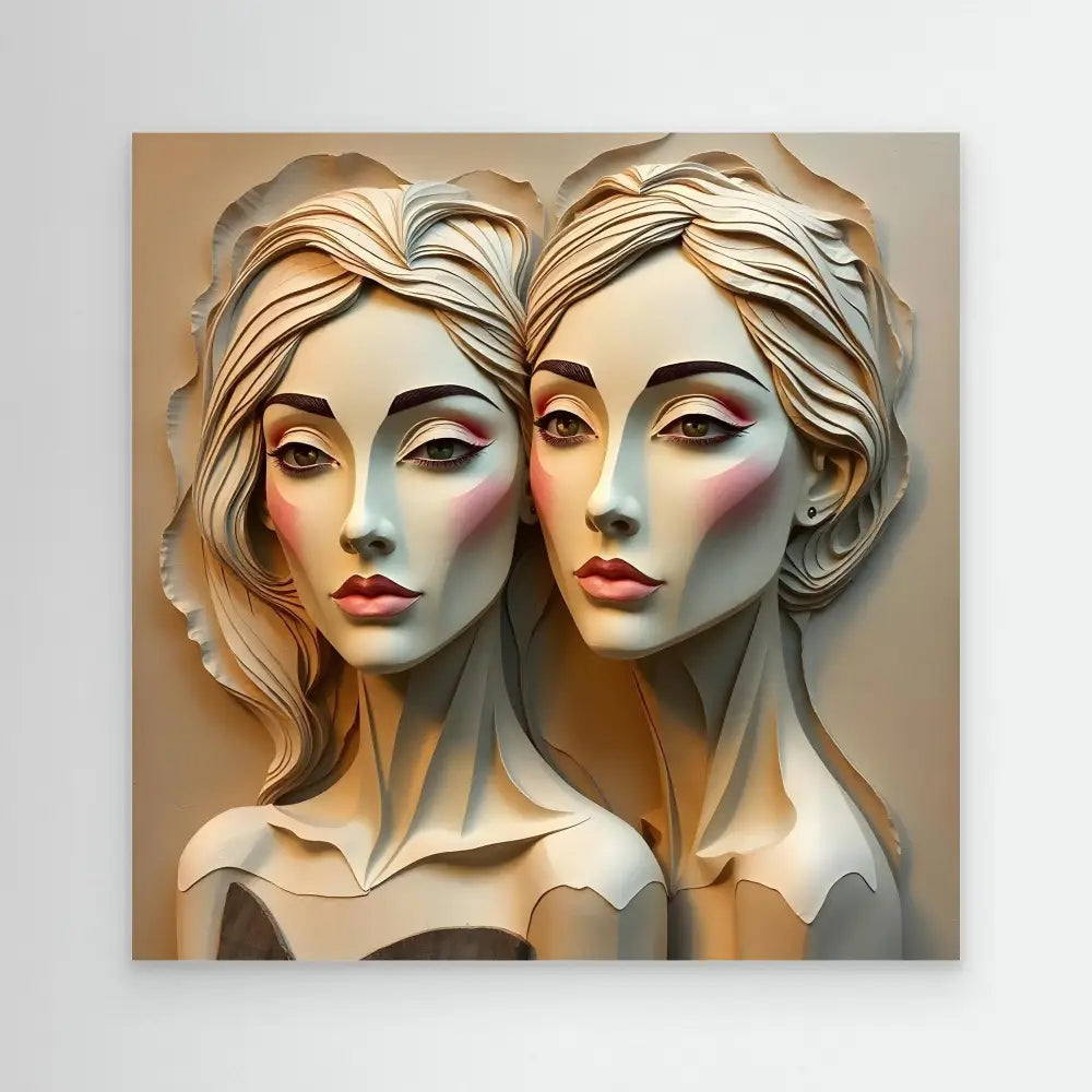 Two classical-style sculptures of feminine figures with flowing hair and dramatic features.