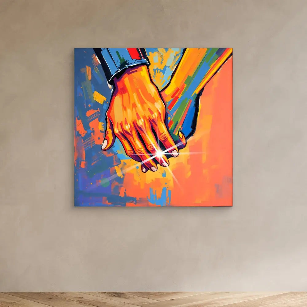 Two hands clasped together in a vibrant, colorful artistic style.