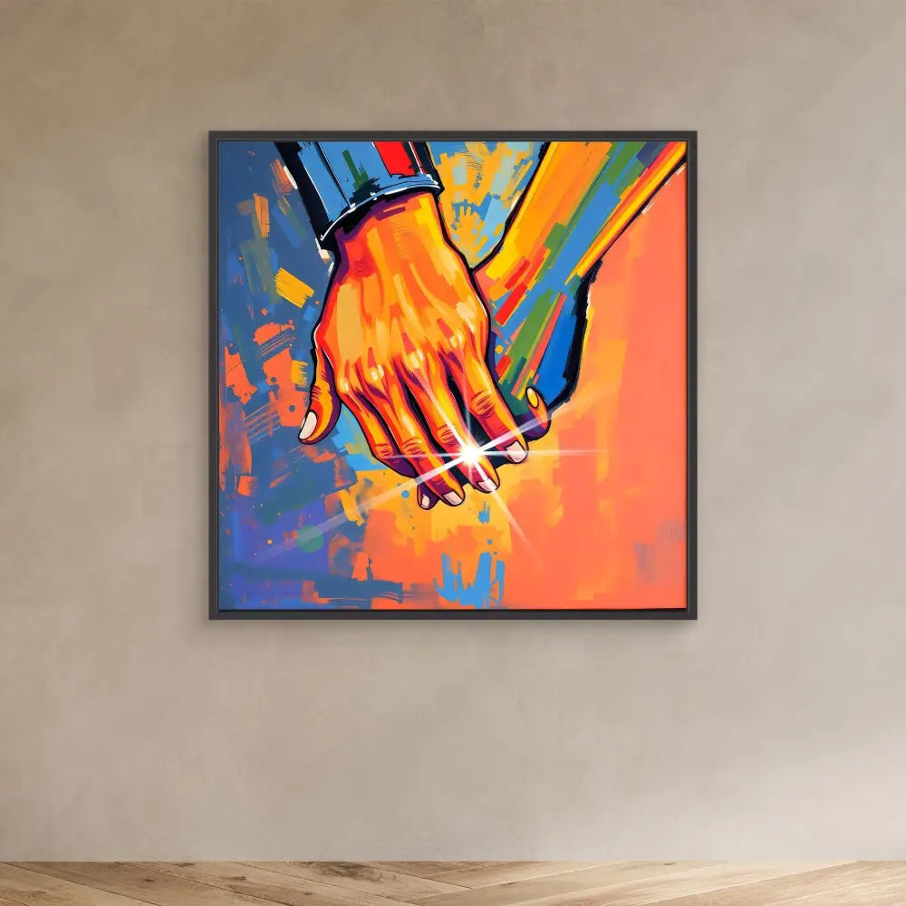 Two hands clasped together in a vibrant, colorful artistic style.