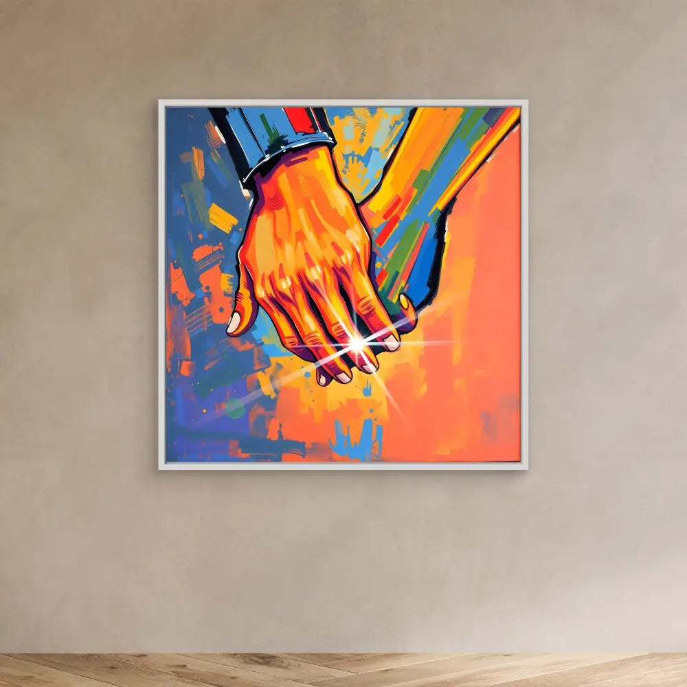 Two hands clasped together in a vibrant orange and blue artistic style.