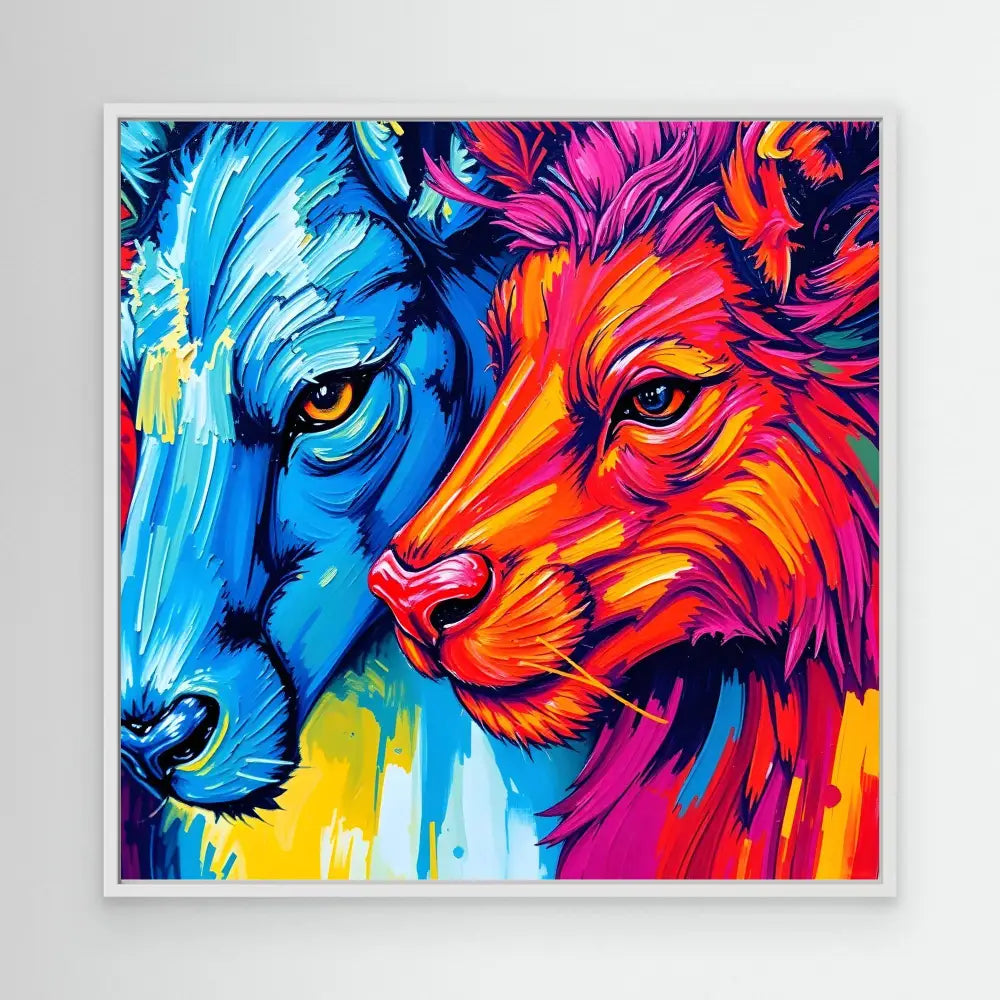 Two lions facing each other painted in vibrant contrasting blue and red-orange colors.