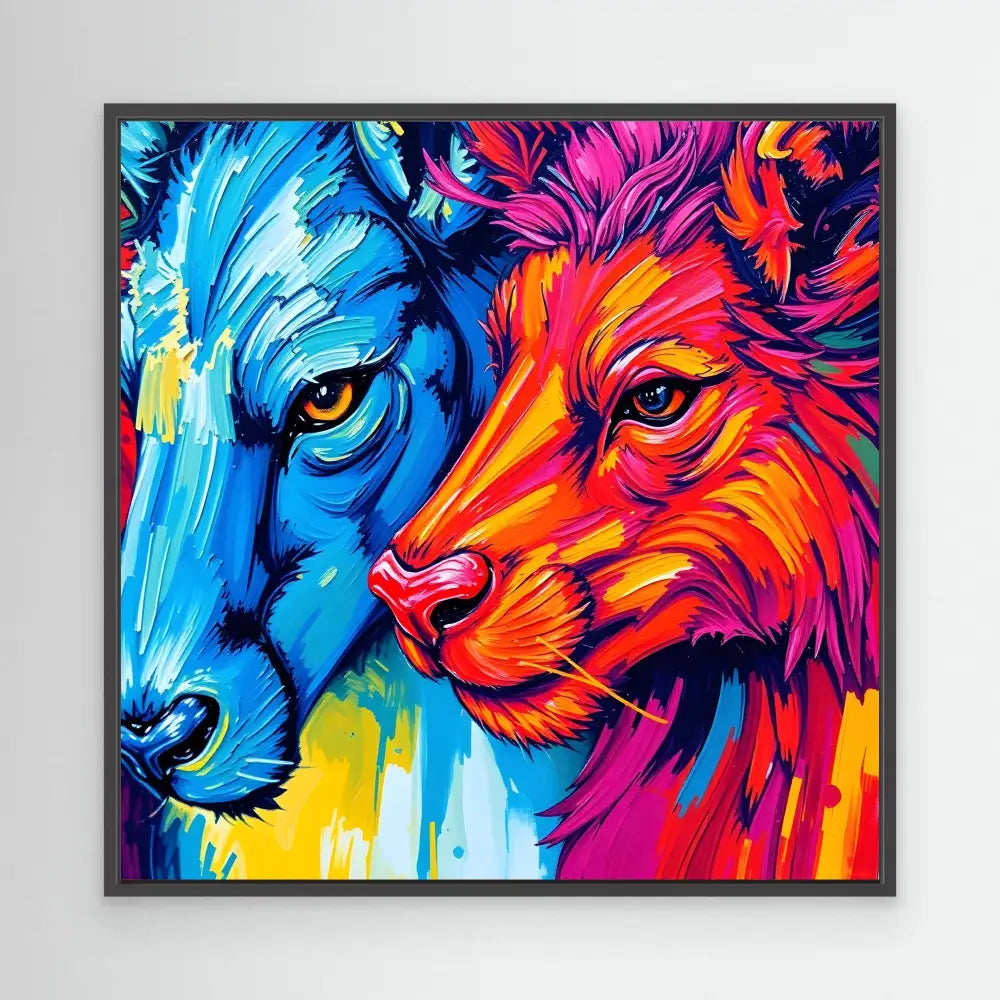 Two lions facing each other in vibrant contrasting blue and red-orange colors painted in an abstract style.