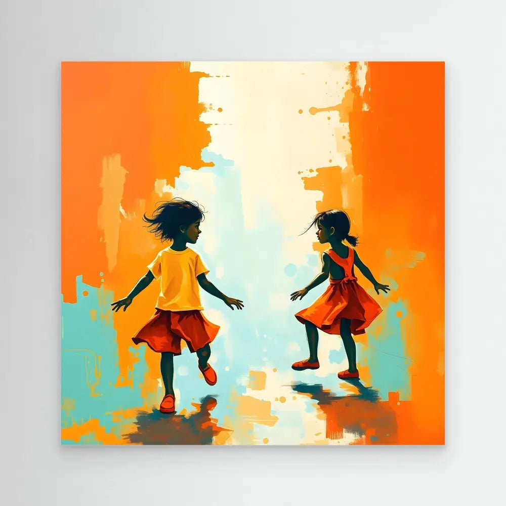 Two silhouetted children dancing together in colorful dresses.