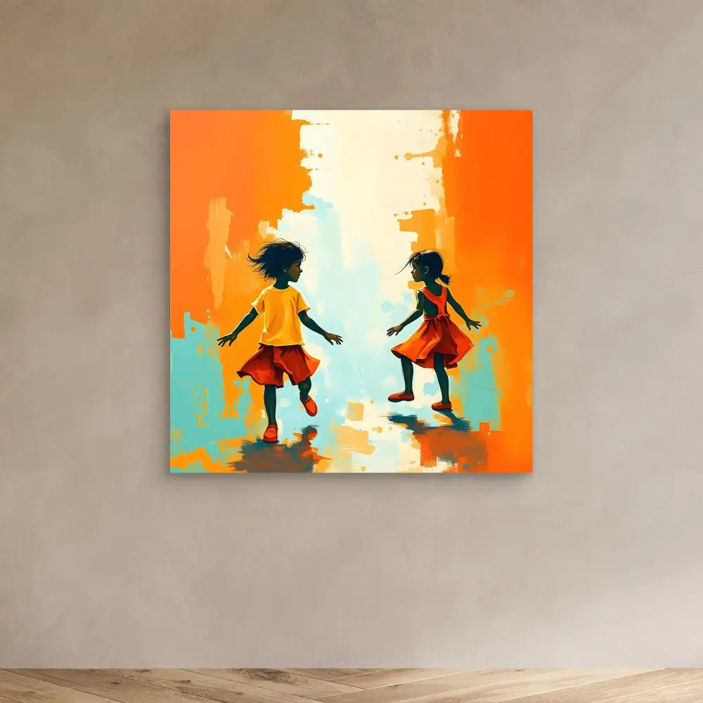 Two silhouetted children in red dresses dancing together against vibrant orange and blue brushstrokes.