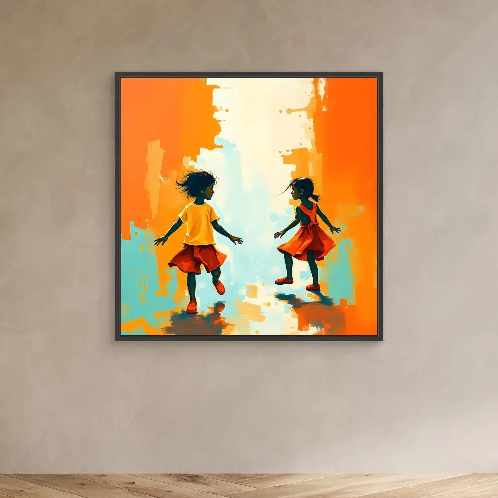 Two silhouetted children in red dresses dancing together against vibrant orange and turquoise brushstrokes.