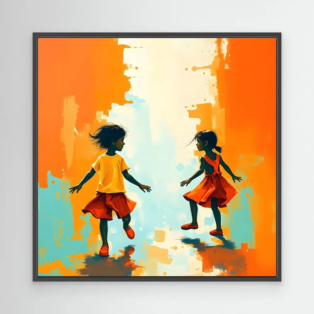 Two silhouetted children dancing together against vibrant orange and turquoise brushstrokes.