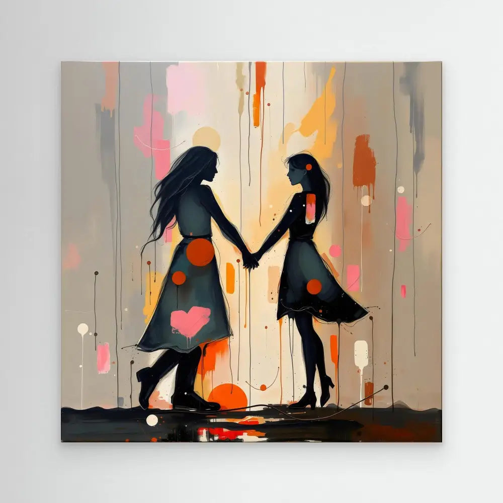 Two silhouetted figures in dresses holding hands against a colorful abstract backdrop.