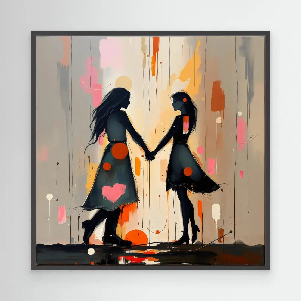 Two silhouetted figures holding hands while wearing colorful patterned dresses.