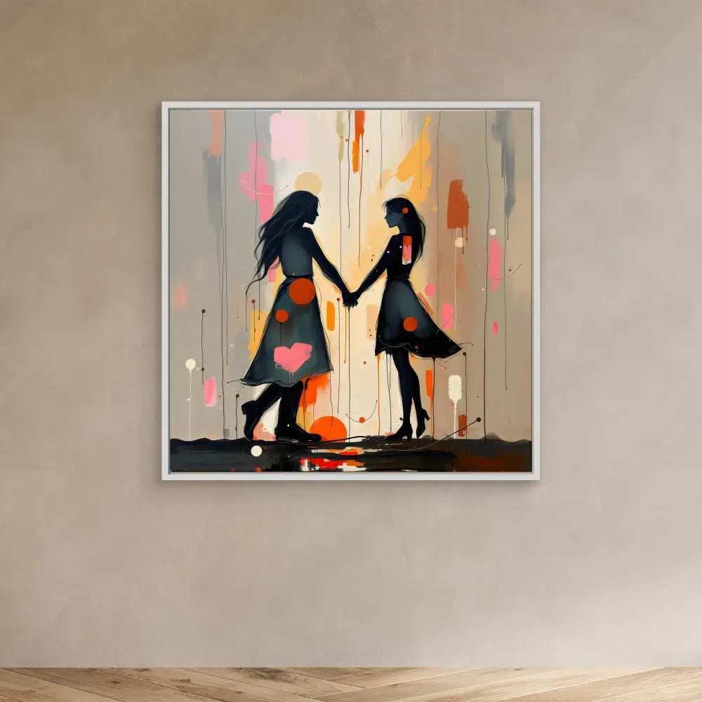 Two silhouetted figures holding hands against a painterly backdrop with pink and orange accents.