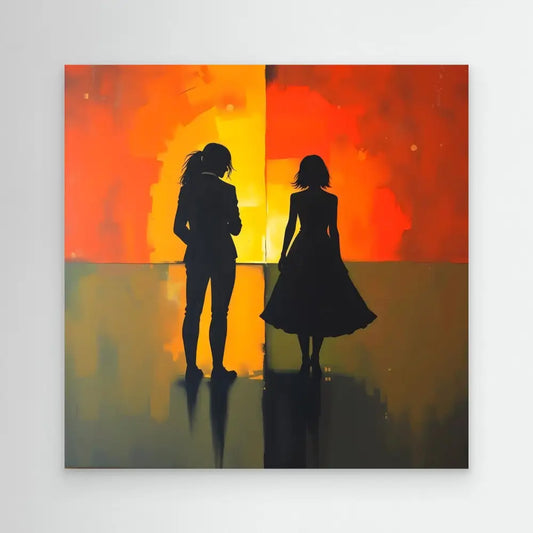 Two silhouetted figures standing against a vibrant orange backdrop.