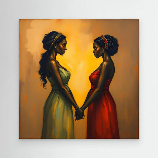 Two women in elegant dresses holding hands while facing each other against a warm golden glow.